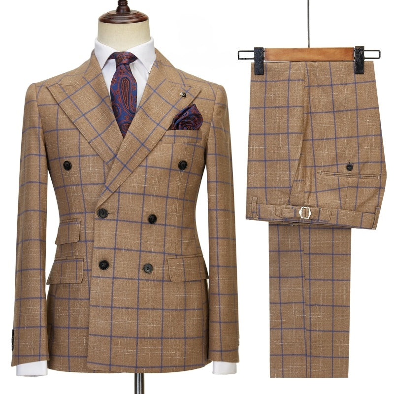 Chic Brown Plaid Double Breasted Peaked Lapel Business Suits
