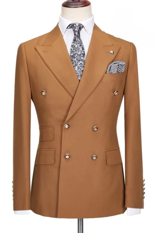 Trendy Brown Double Breasted Peaked Lapel Business Suits