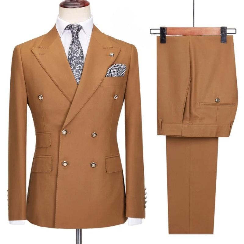 Trendy Brown Double Breasted Peaked Lapel Business Suits