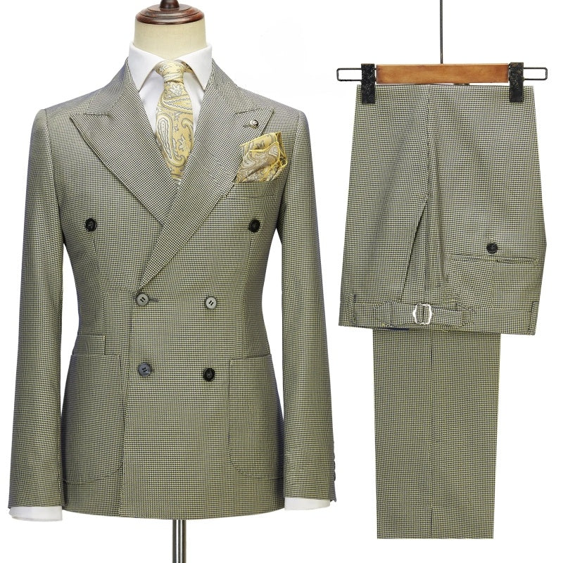 New Arrival Sage Plaid Peaked Lapel Double Breasted Prom Suits