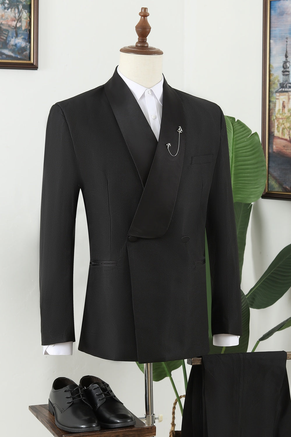 Fancy Black Shawl Lapel Double Breasted Wedding Men Suits
