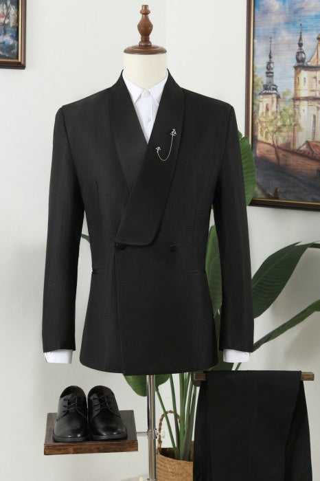 Fancy Black Shawl Lapel Double Breasted Wedding Men Suits