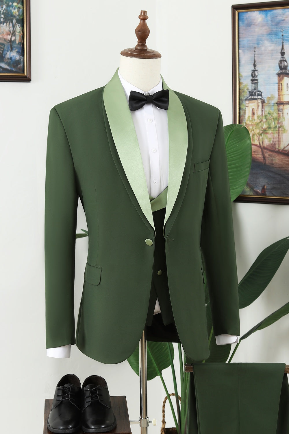 Fashion Dark Green Shawl Lapel Three Pieces Prom Men Suits