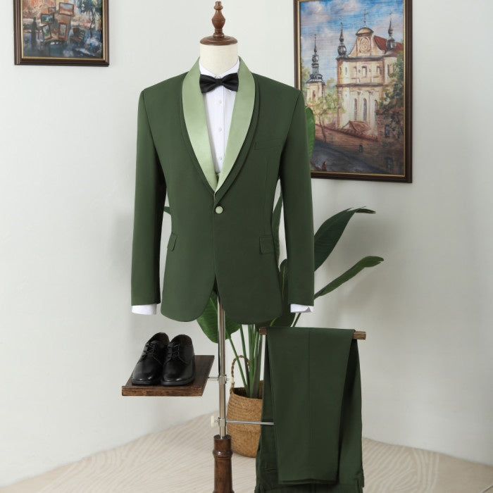 Fashion Dark Green Shawl Lapel Three Pieces Prom Men Suits