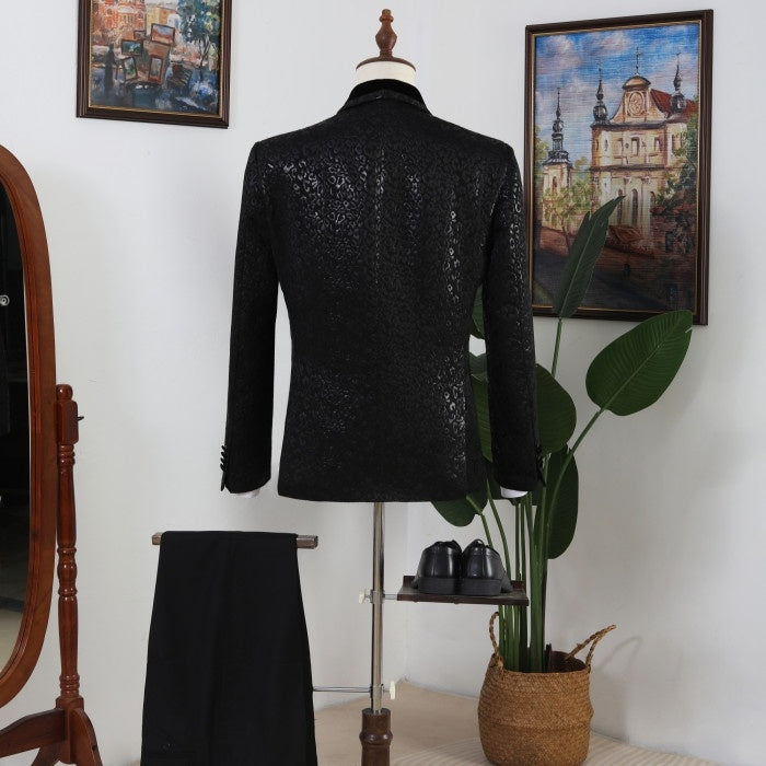 Handsome Black Jacquard Shawl Lapel Double Breasted Prom Men Suits