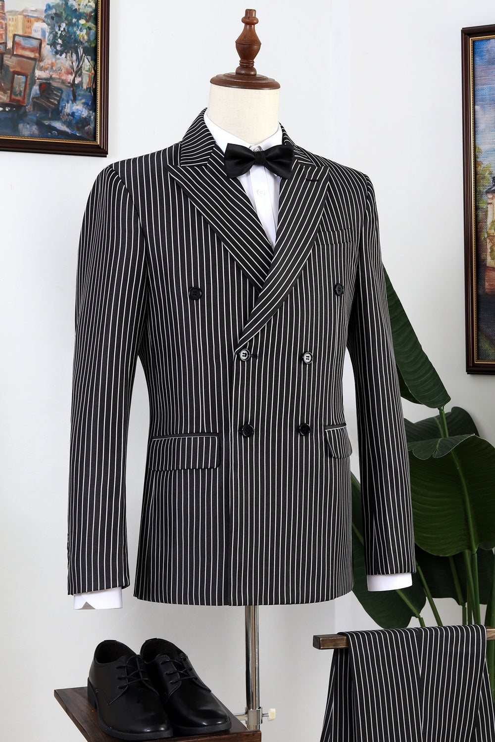 Formal Black Peaked Lapel Striped Double Breasted Men Suits