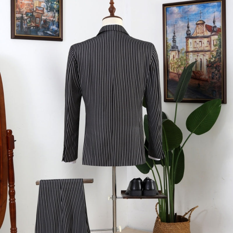 Formal Black Peaked Lapel Striped Double Breasted Men Suits