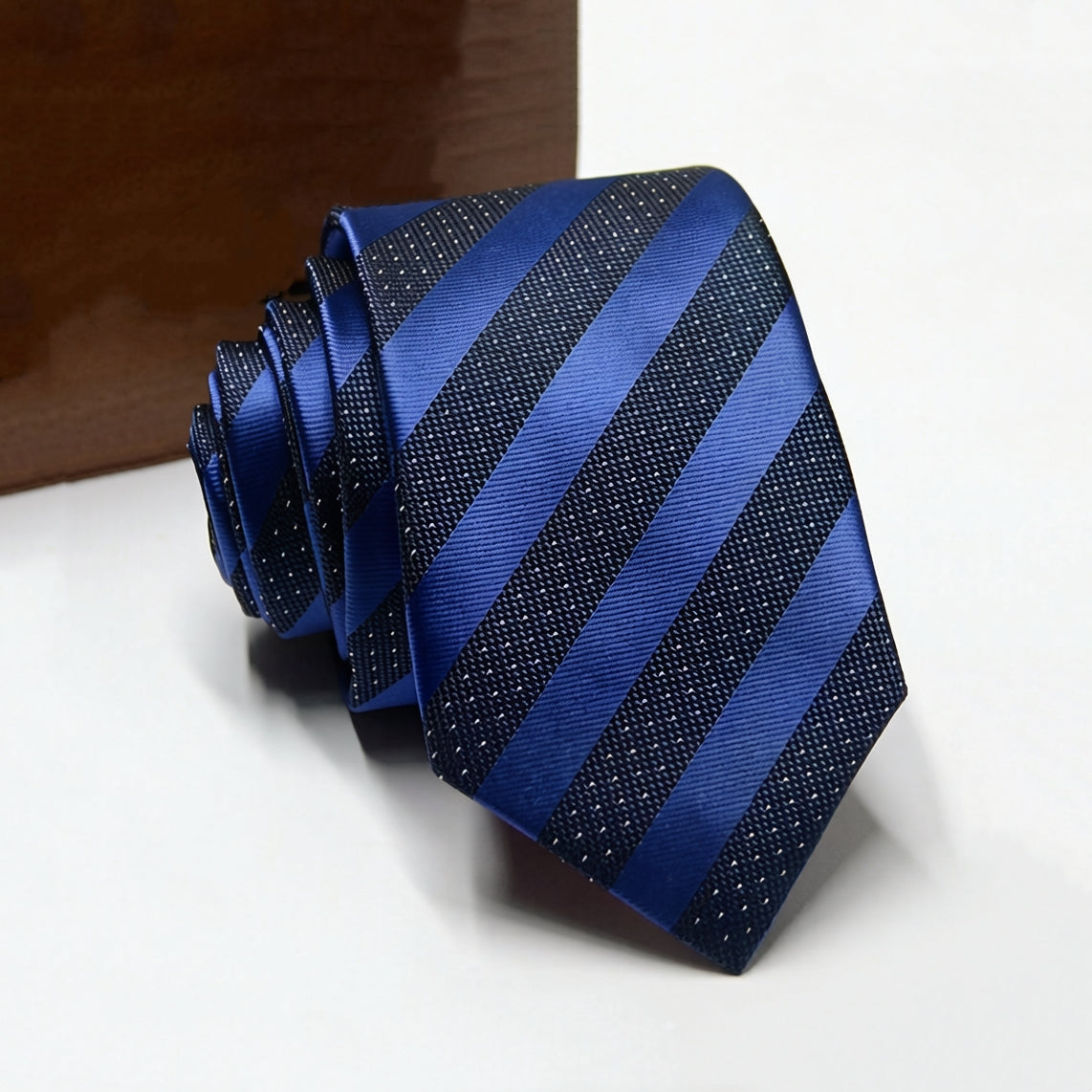 Business Dress Tie with Dark Dotted Navy and Glossy Blue Diagonal Stripe