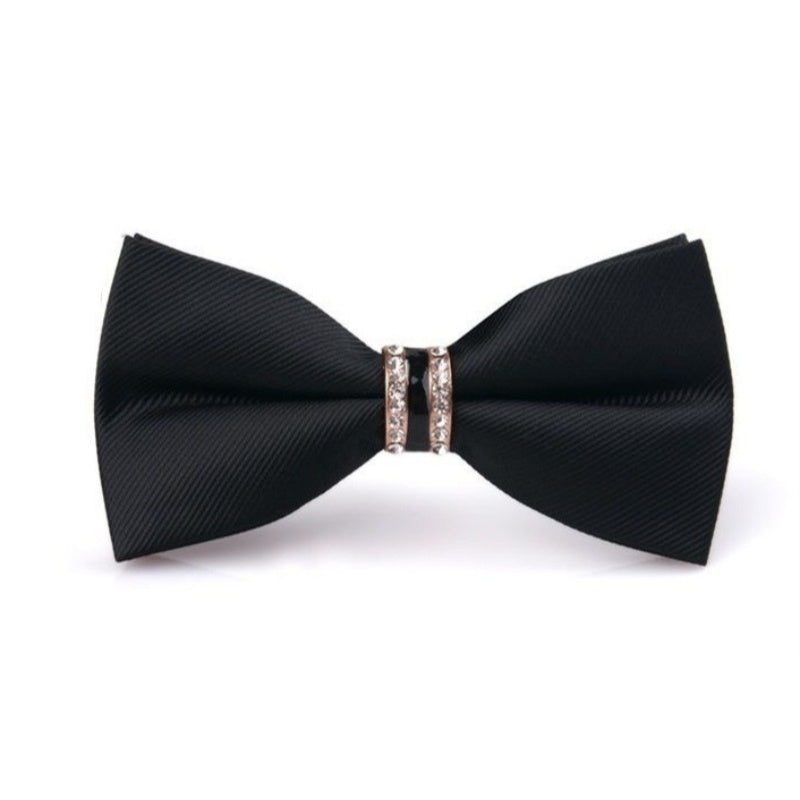 Solid Black Twill Rhinestone Decor Formal Bowtie