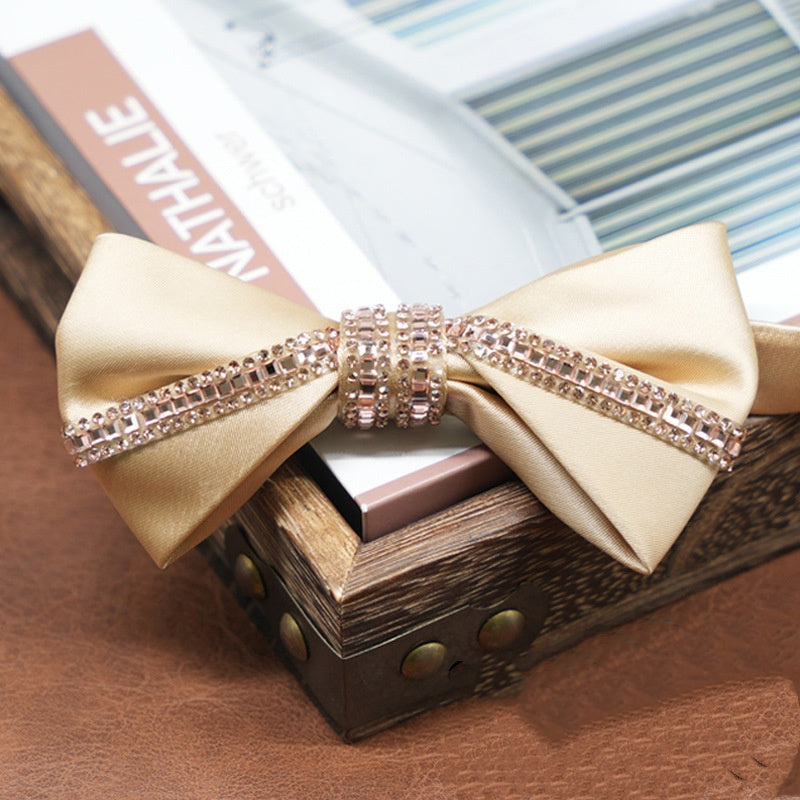 Champagne Satin Rose Gold Rhinestone Inlaid Luxury Bowtie