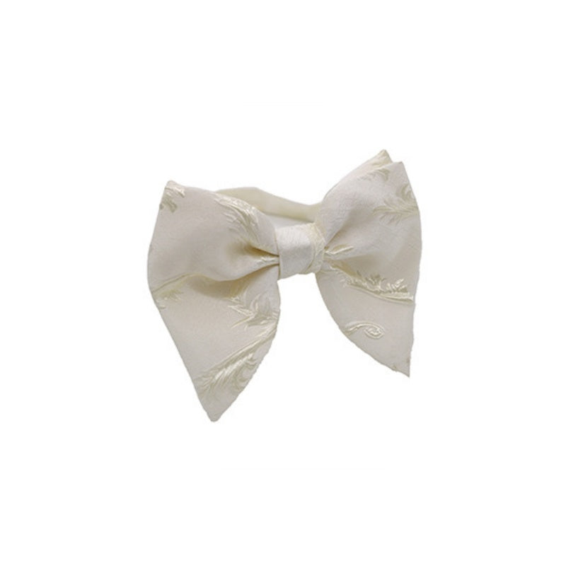 Cream White Embossed Leaf Jacquard Pointed Wedding Bowtie