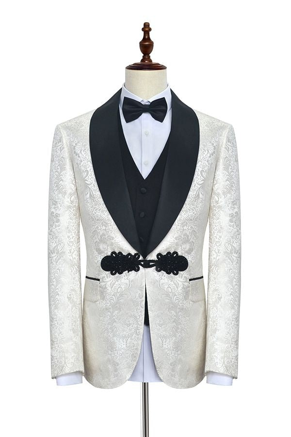 Stylish Knitted Button Black Shawl Lapel Three Piece White Jacquard Wedding Suits