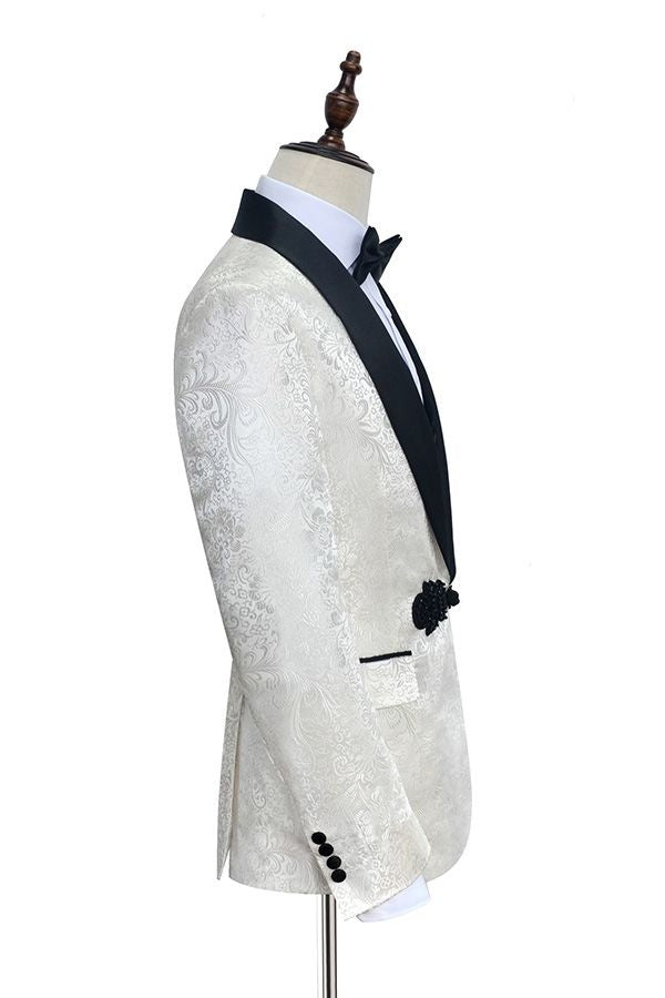 Stylish Knitted Button Black Shawl Lapel Three Piece White Jacquard Wedding Suits