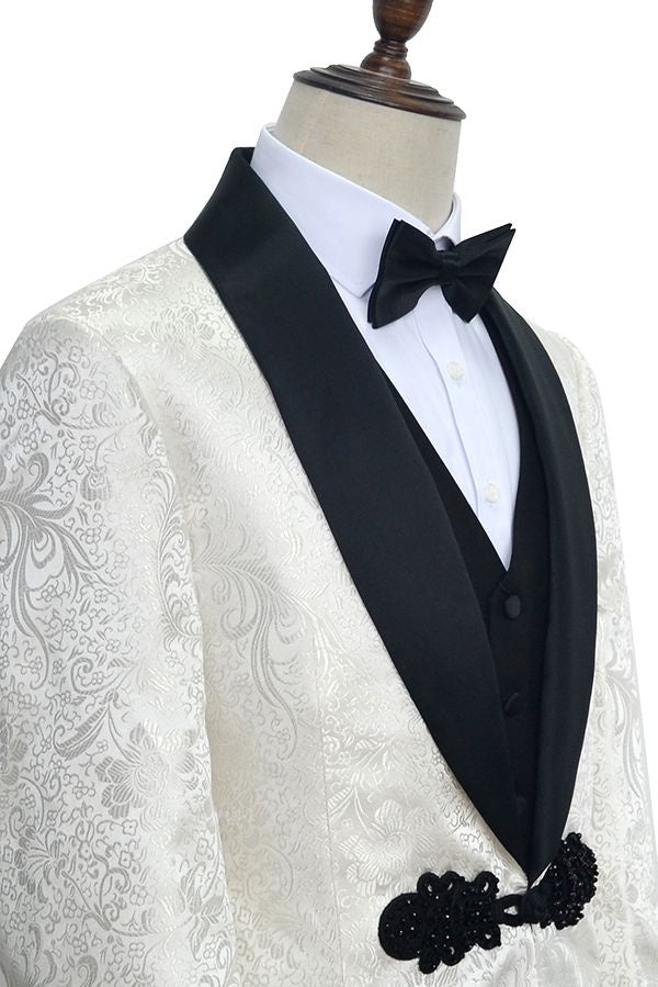 Stylish Knitted Button Black Shawl Lapel Three Piece White Jacquard Wedding Suits