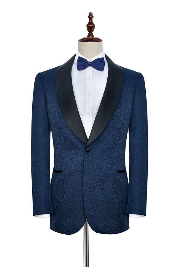Gentle Navy Blue Jacquard Shawl Lapel Wedding Men Suit