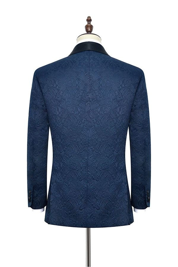 Gentle Navy Blue Jacquard Shawl Lapel Wedding Men Suit