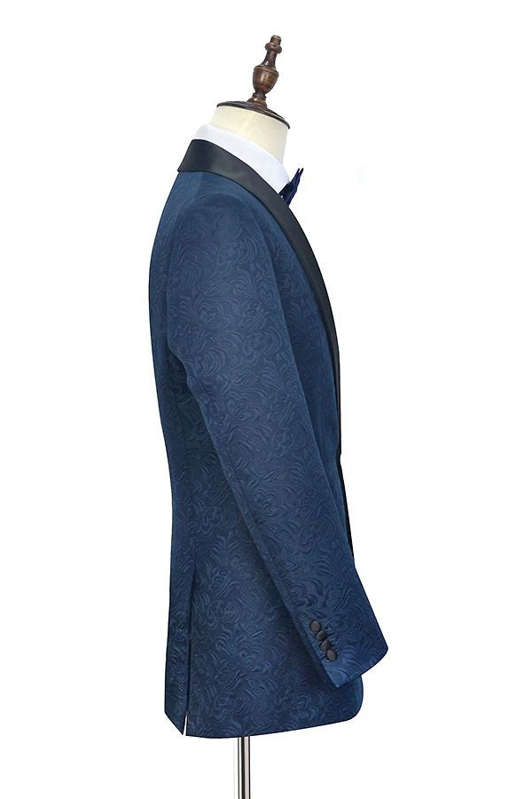 Gentle Navy Blue Jacquard Shawl Lapel Wedding Men Suit