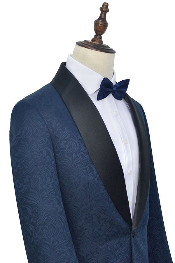 Gentle Navy Blue Jacquard Shawl Lapel Wedding Men Suit