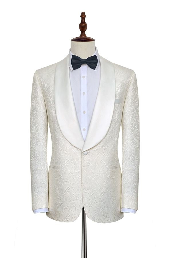 Beautiful Off-white Jacquard Shawl Lapel Wedding Men Suit