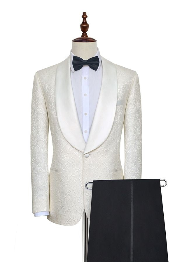 Beautiful Off-white Jacquard Shawl Lapel Wedding Men Suit