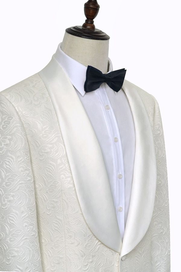 Beautiful Off-white Jacquard Shawl Lapel Wedding Men Suit