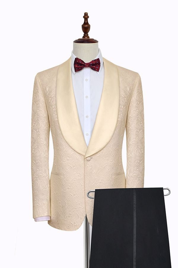 Beautiful Champagne Jacquard Shawl Lapel Wedding Men Suit