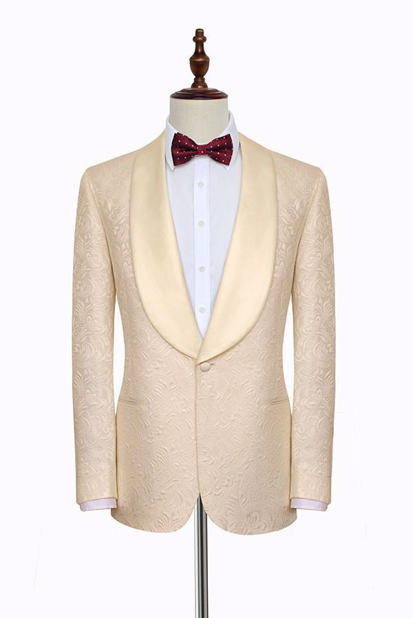 Beautiful Champagne Jacquard Shawl Lapel Wedding Men Suit
