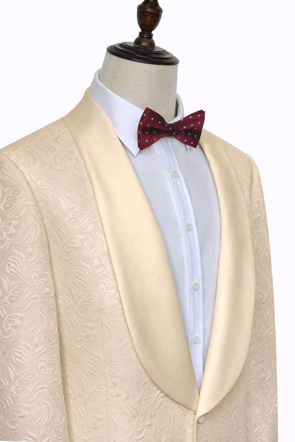 Beautiful Champagne Jacquard Shawl Lapel Wedding Men Suit