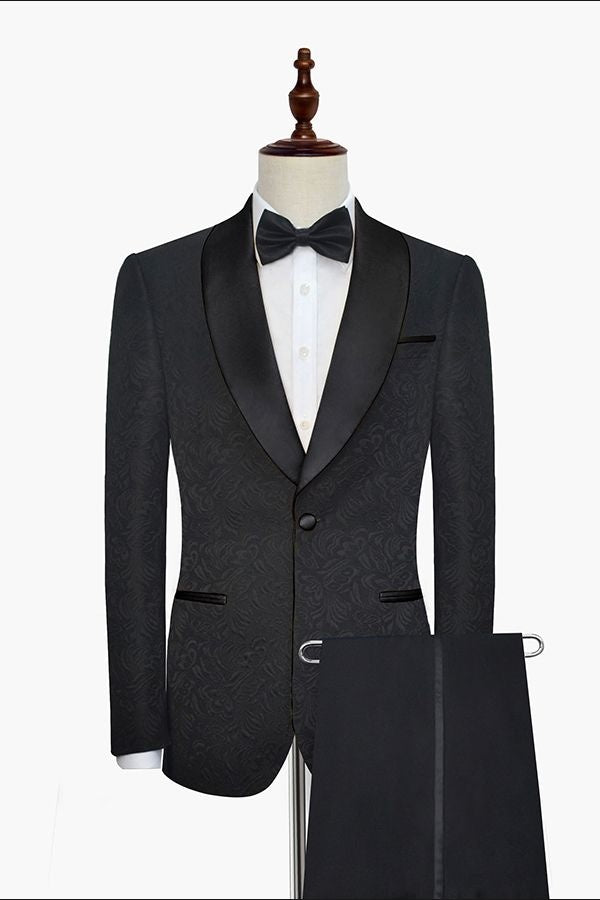 Trendy Black Jacquard Shawl Lapel Wedding Men Suit