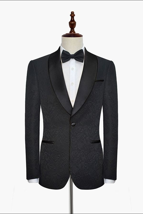 Trendy Black Jacquard Shawl Lapel Wedding Men Suit