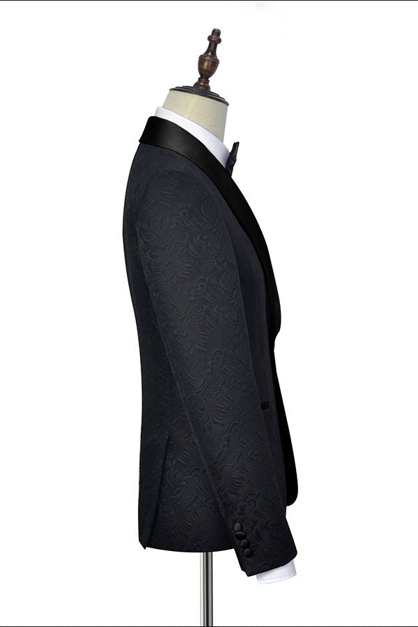 Trendy Black Jacquard Shawl Lapel Wedding Men Suit