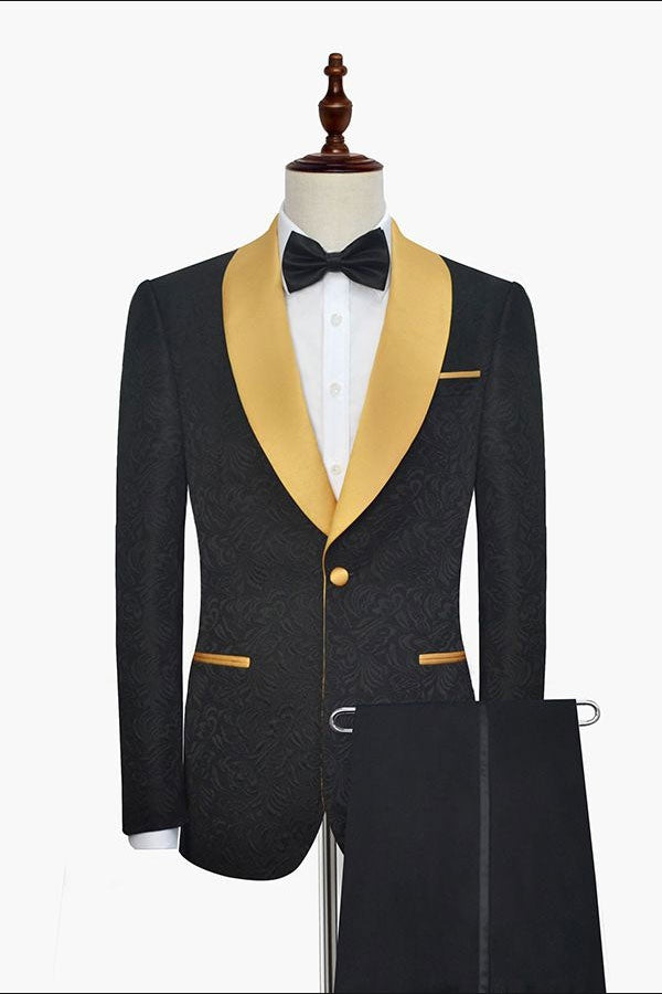 Fancy Black Jacquard Gold Shawl Lapel Wedding Men Suit