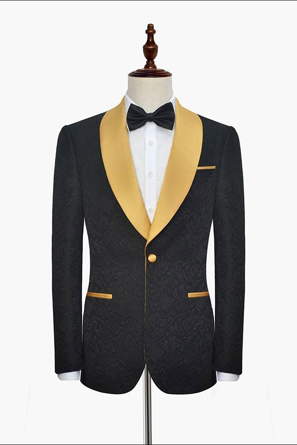 Fancy Black Jacquard Gold Shawl Lapel Wedding Men Suit