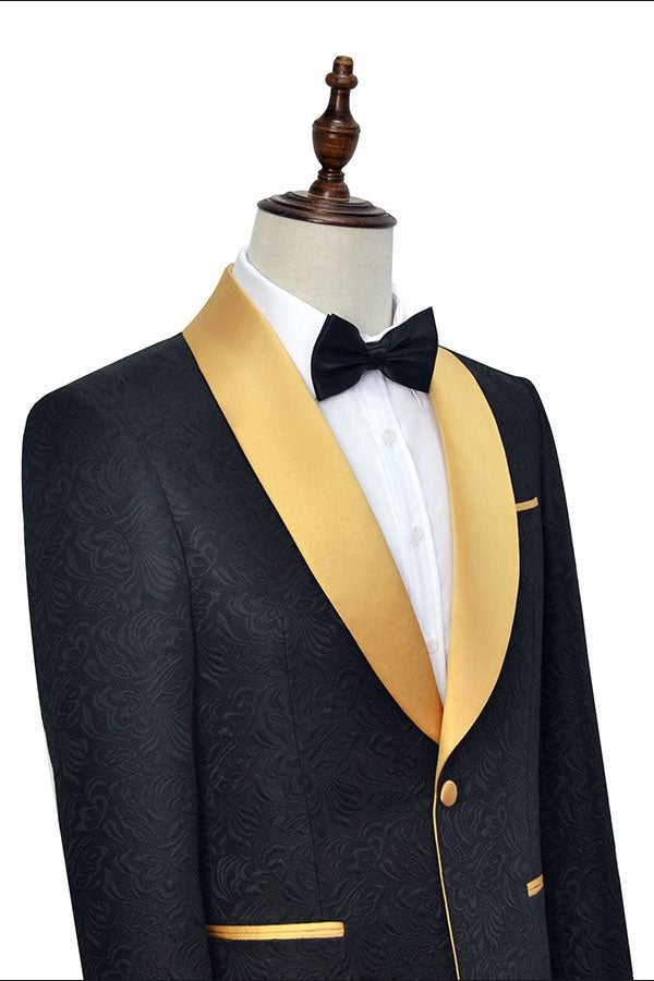 Fancy Black Jacquard Gold Shawl Lapel Wedding Men Suit