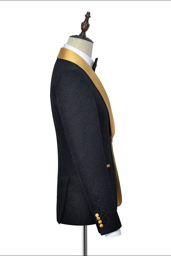 Fancy Black Jacquard Gold Shawl Lapel Wedding Men Suit