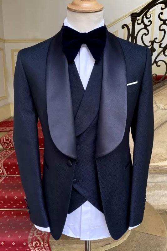 Elegant Navy Blue 3 Pieces Shawl Lapel Wedding Suits With Vest