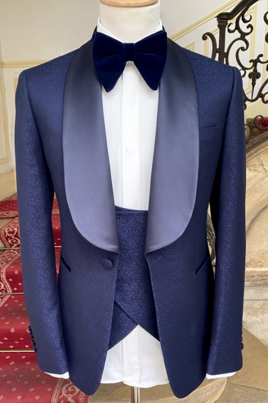 Fashion Navy Blue Jacquard 3 Pieces Shawl Lapel Prom Men Suits