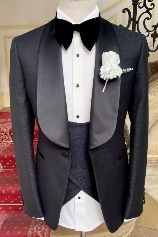 Fashion Black Jacquard 3 Pieces Shawl Lapel Prom Men Suits