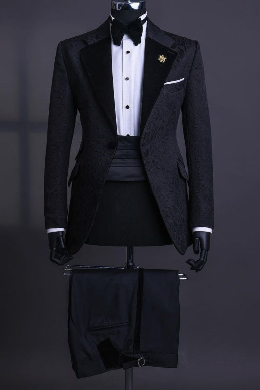 Fashion Black Jacquard Notched Lapel Two Pieces Prom Suits