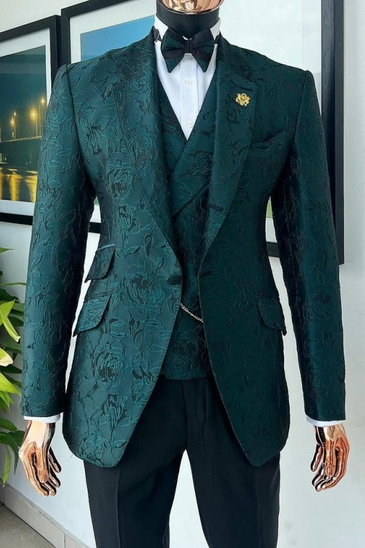 Fancy Dark Green Jacquard Three Pieces Close Fitting Prom Suits