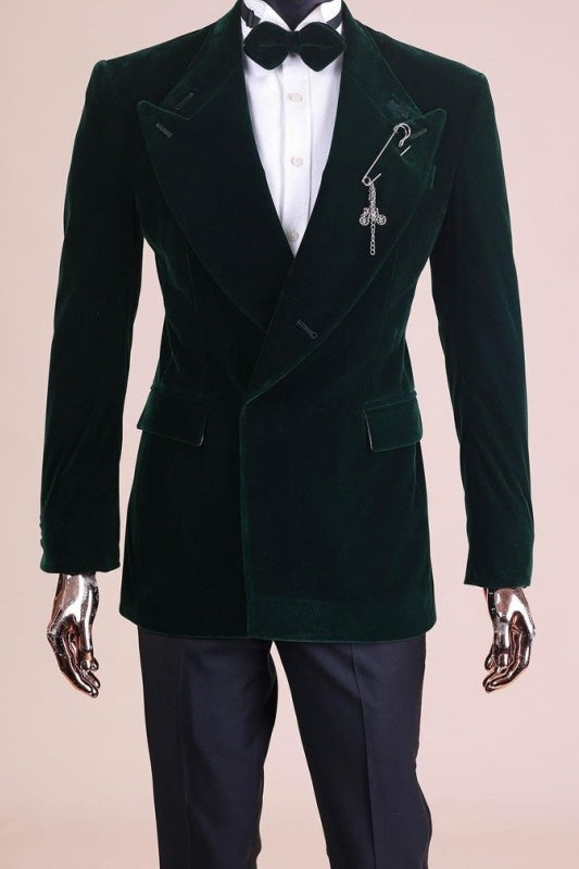 Fancy Dark Green Peaked Lapel Two Pieces Velvet Prom Suits