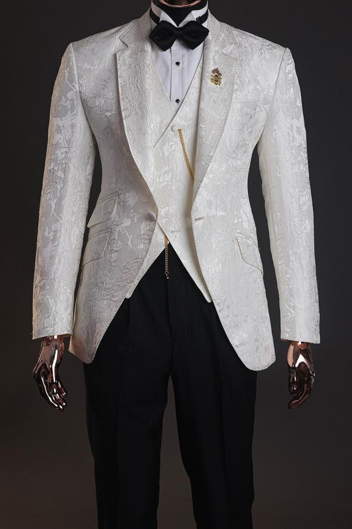 Handsome White Jacquard 3 Pieces Notched Lapel Prom Men Suits