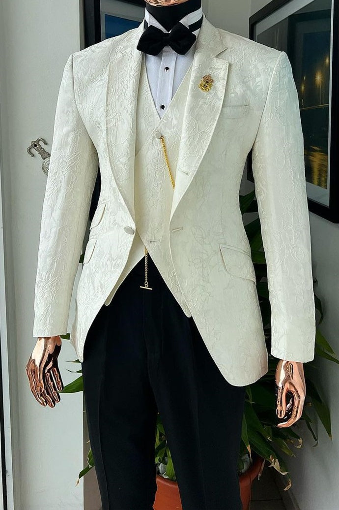 Handsome White Jacquard 3 Pieces Notched Lapel Prom Men Suits