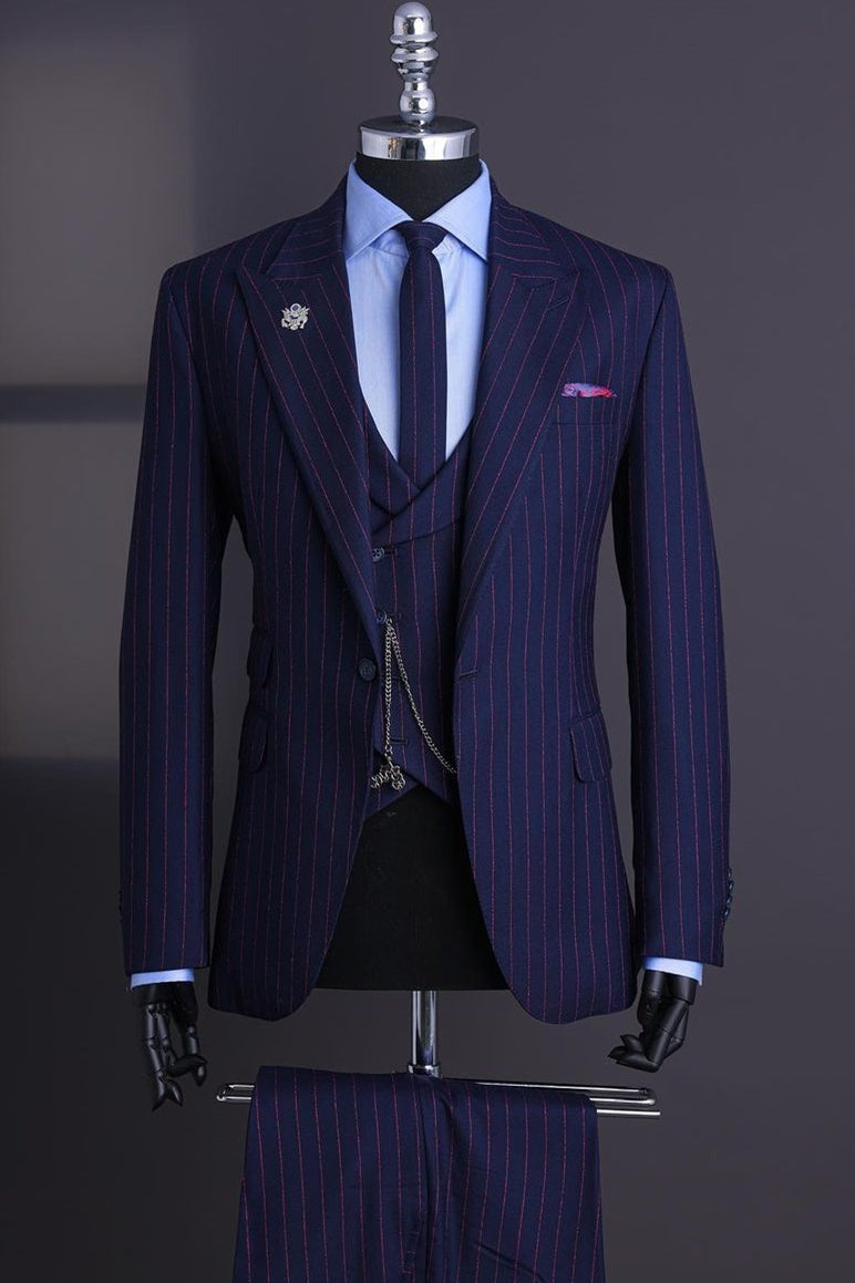 Exquisite Navy Blue Peaked Lapel Three Pieces Striped Business Suits