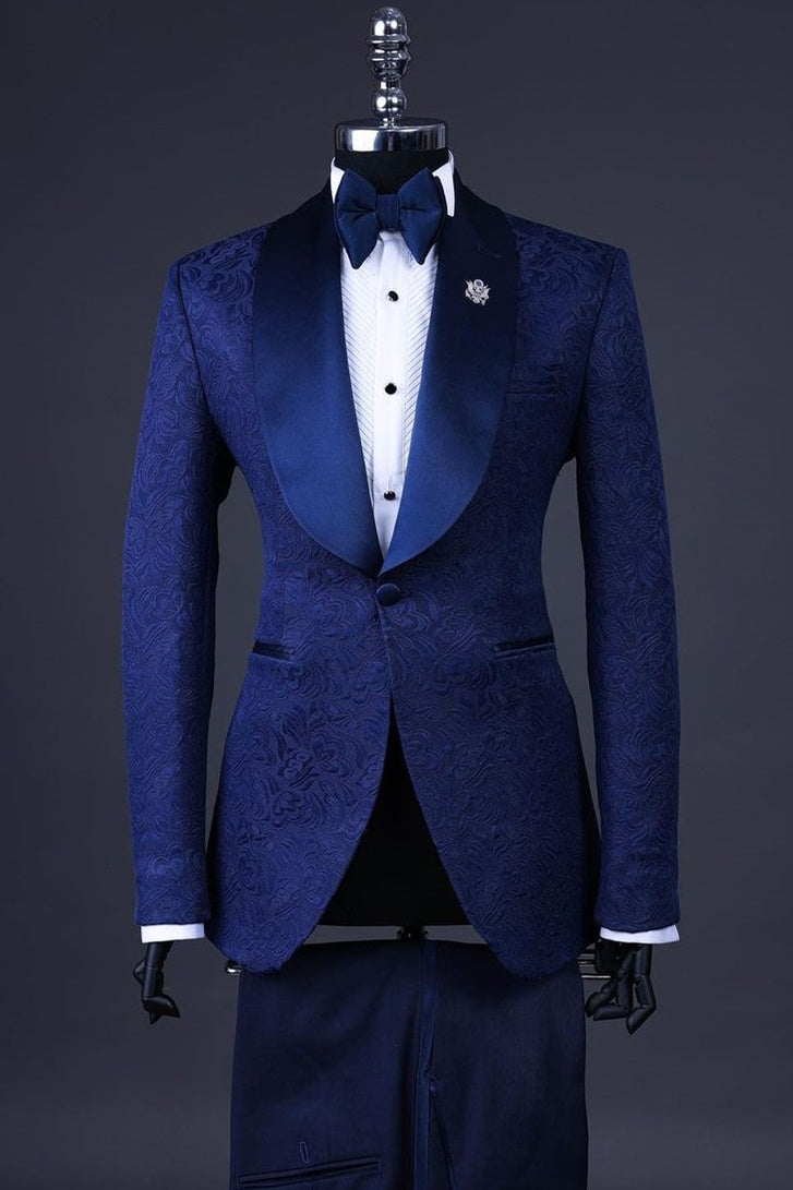 Elegant Blue Jacquard Shawl Lapel Slim Fit Wedding Suits