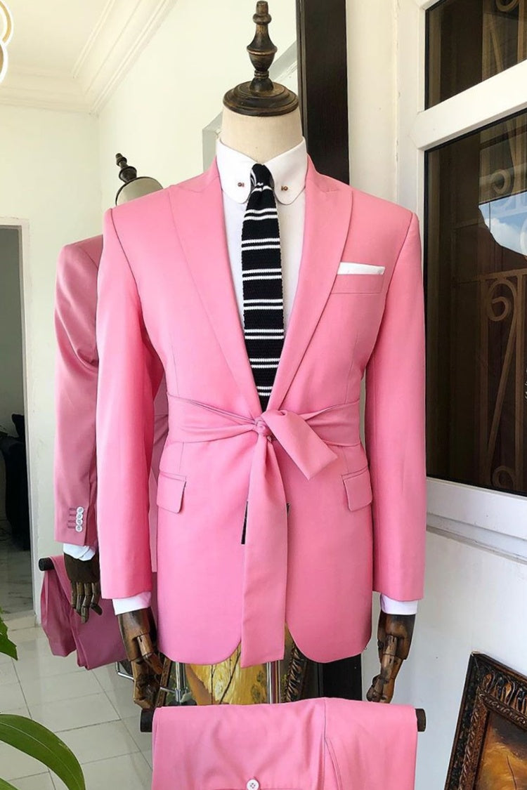 Elegant Pink Peaked Lapel Close Fitting Prom Suits With Belt