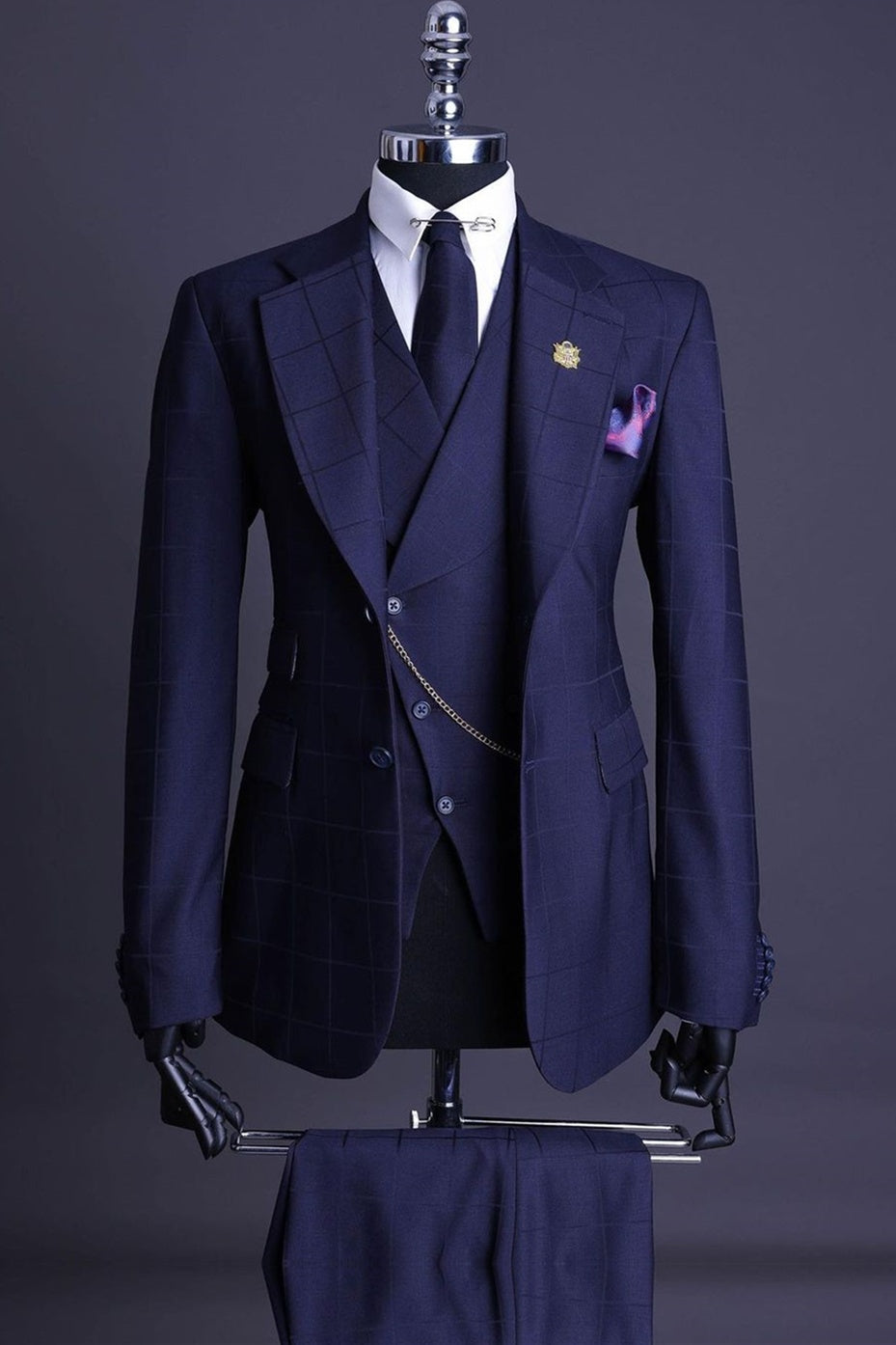 Trendy Navy Blue Plaid Notched Lapel Best Fitted Business Men Suits
