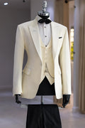 Elegant Off White 3 Pieces Peaked Lapel Slim Fit Men Suits