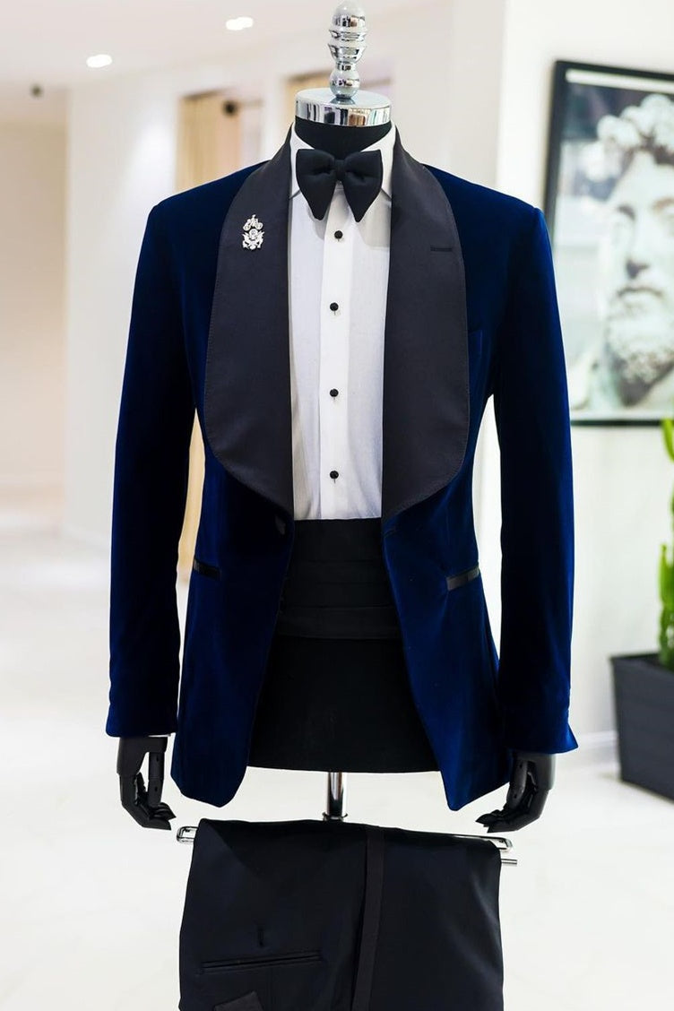 Stylish Royal Blue Velvet Shawl Lapel Prom Men Suits