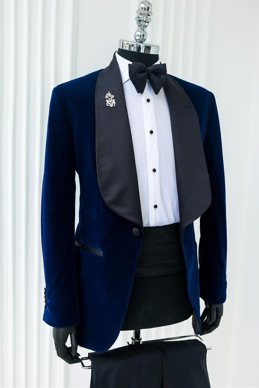 Stylish Royal Blue Velvet Shawl Lapel Prom Men Suits